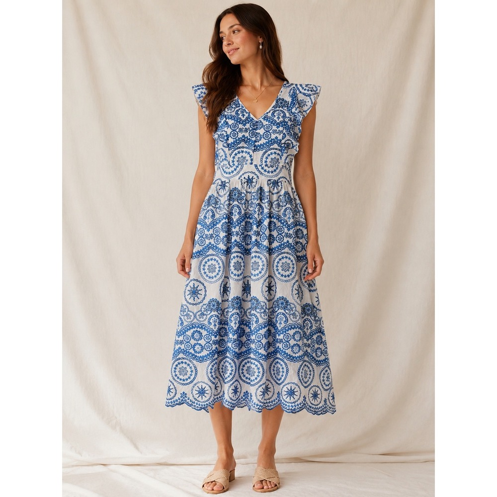 Sunday Up Womens White Blue Eyelet Embroidered Midi Dress Flutter Sleeve Large
